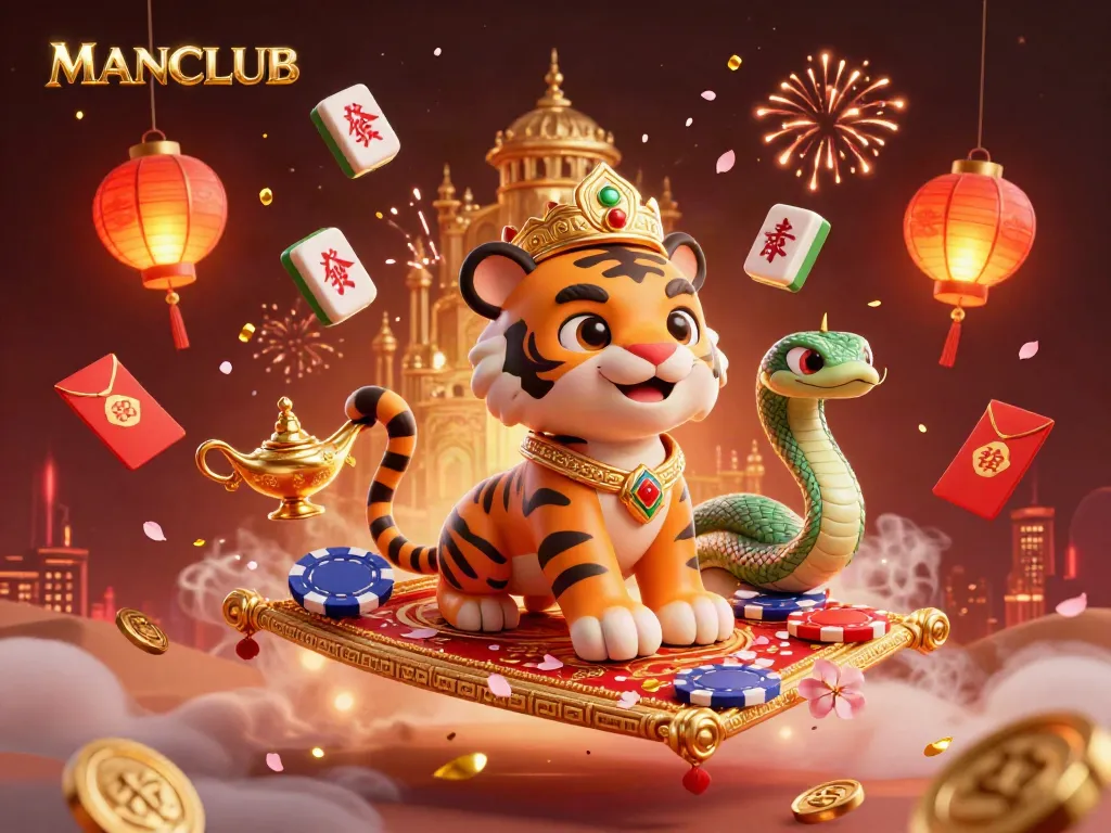 Engage with MANCLUB's vibrant 3D casino scene featuring a tiger sultan and magical elements.