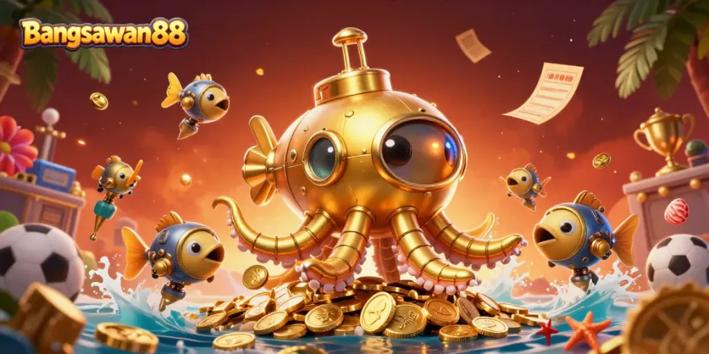 Experience thrilling sports betting excitement with Bangsawan88, featuring a dynamic kraken submarine amid golden coins.