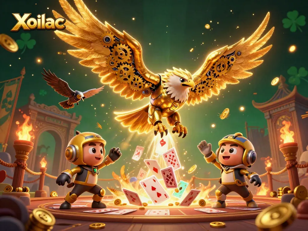 Experience thrilling gameplay with Xoilac's dynamic 3D illustration featuring a cybernetic eagle amidst holographic cards.