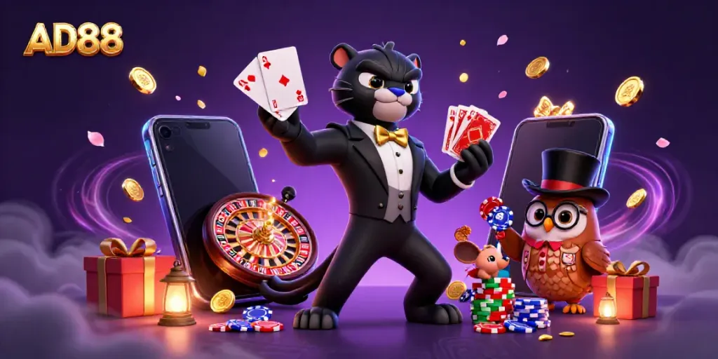 AD88 unleashes a vibrant casino world with a tuxedoed panther dealing cards amidst dazzling games.