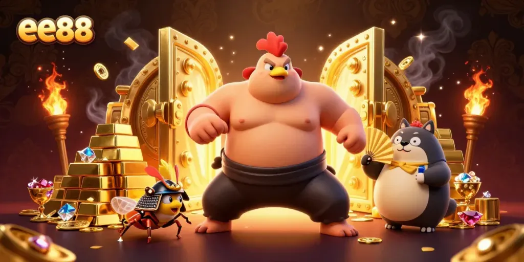 Engage with ee88: A thrilling battle scene featuring a powerful sumo wrestler and a fierce cricket in a vibrant casino world.