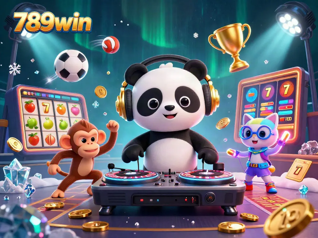 The DJ panda spins at the vibrant 789win online casino, surrounded by colorful fruits and jackpot elements.