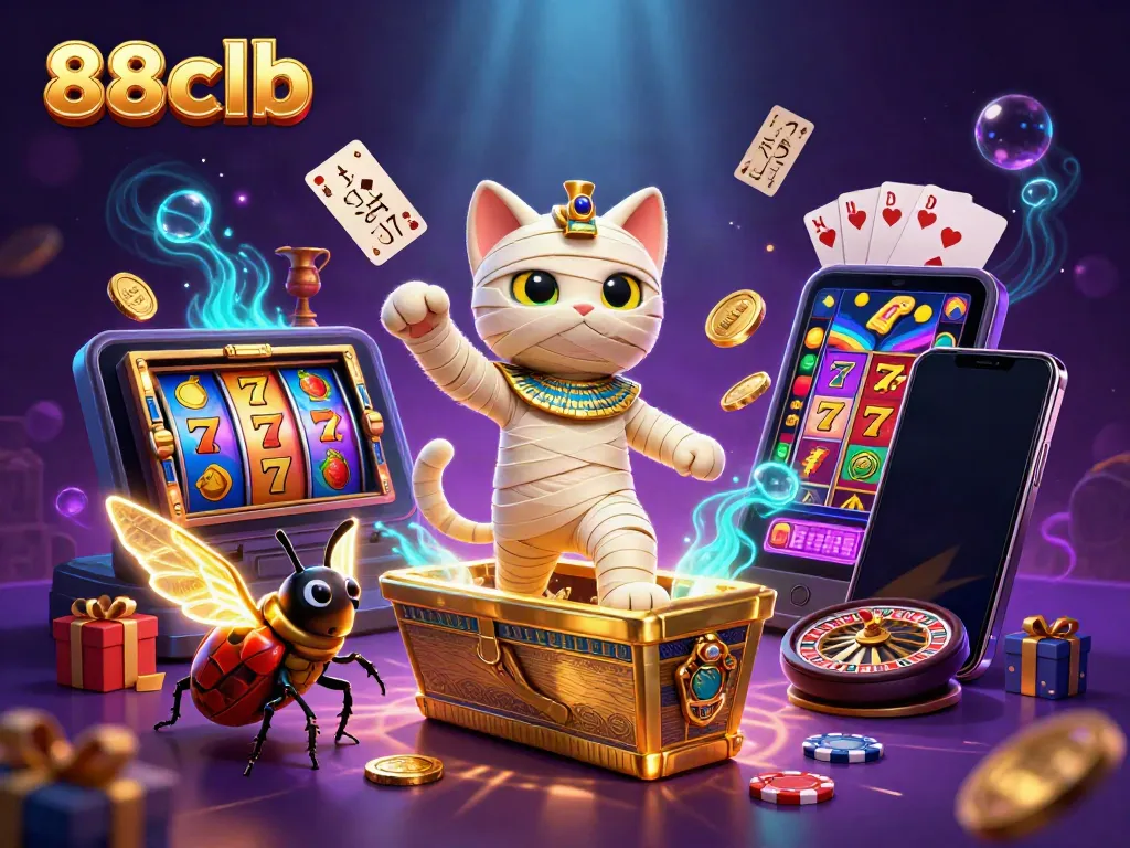 88clb casino scene with an Egyptian mummy cat, scarab beetle, and vibrant slot game elements.