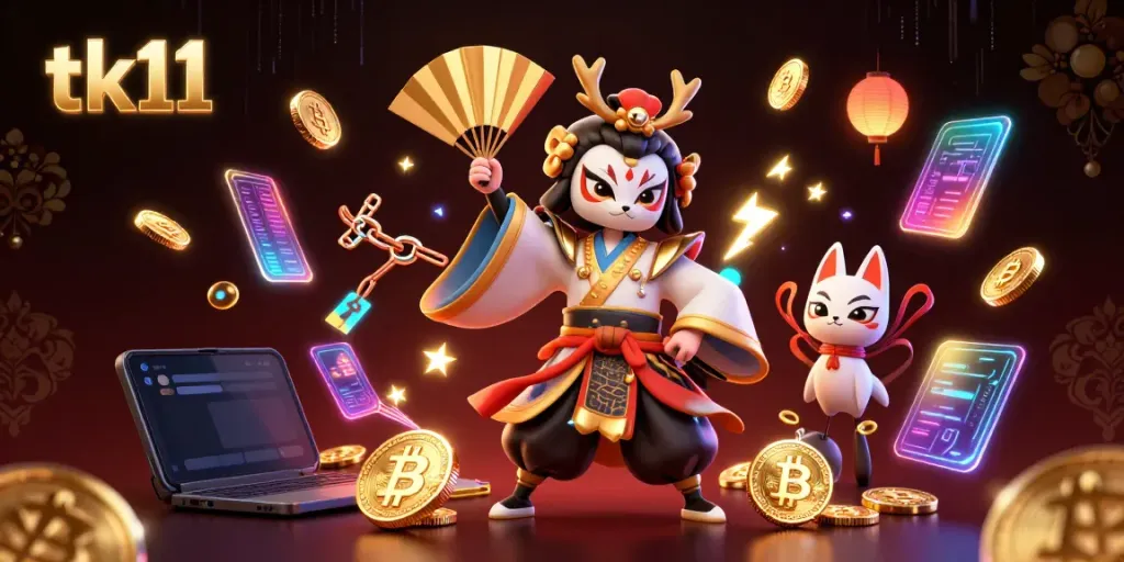 Experience the excitement of tk11 with a vibrant 3D illustrated scene showcasing gaming elements and characters.