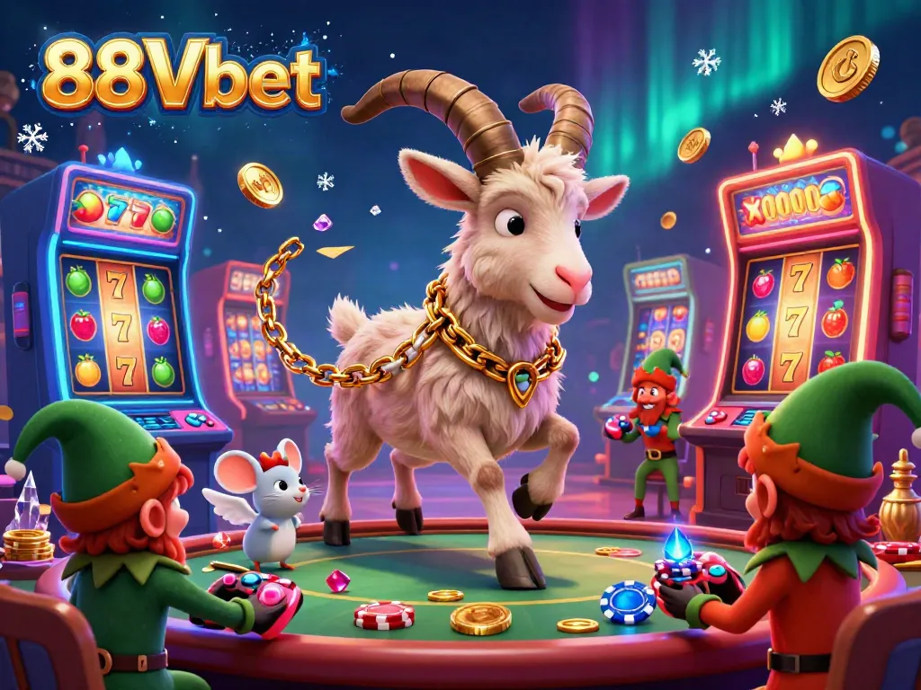 Experience the excitement of 88Vbet in a vibrant casino scene with Krampus, an angel mouse, and elf gremlins.