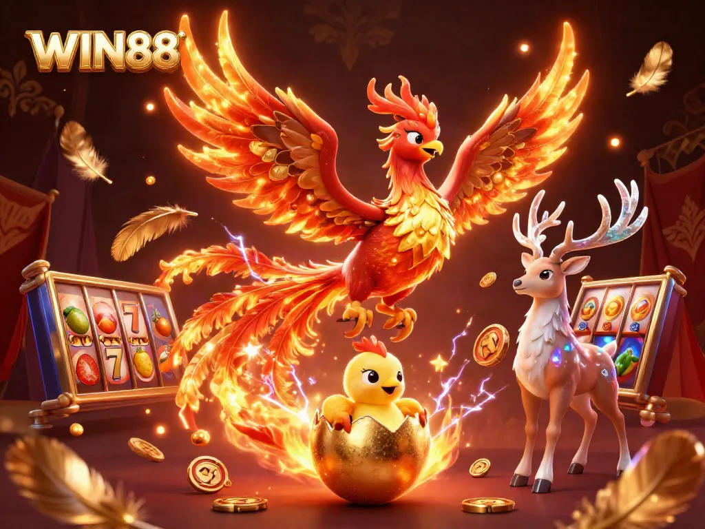 Experience the excitement of WIN88 with a fire phoenix, baby chick, and mystical stag among slot elements in a vibrant casino scene.