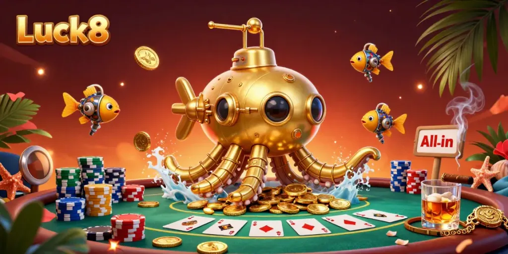 Experience thrilling gameplay with Luck8 in this vibrant casino scene featuring a golden kraken submarine and poker elements.
