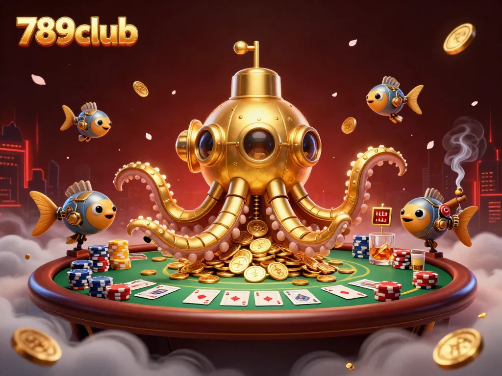 Join the gaming excitement at 789club, featuring a golden kraken and poker elements.