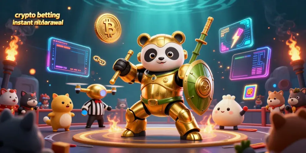 Experience crypto betting instant withdrawal with a dynamic visual of a mech-suit panda in an arena.