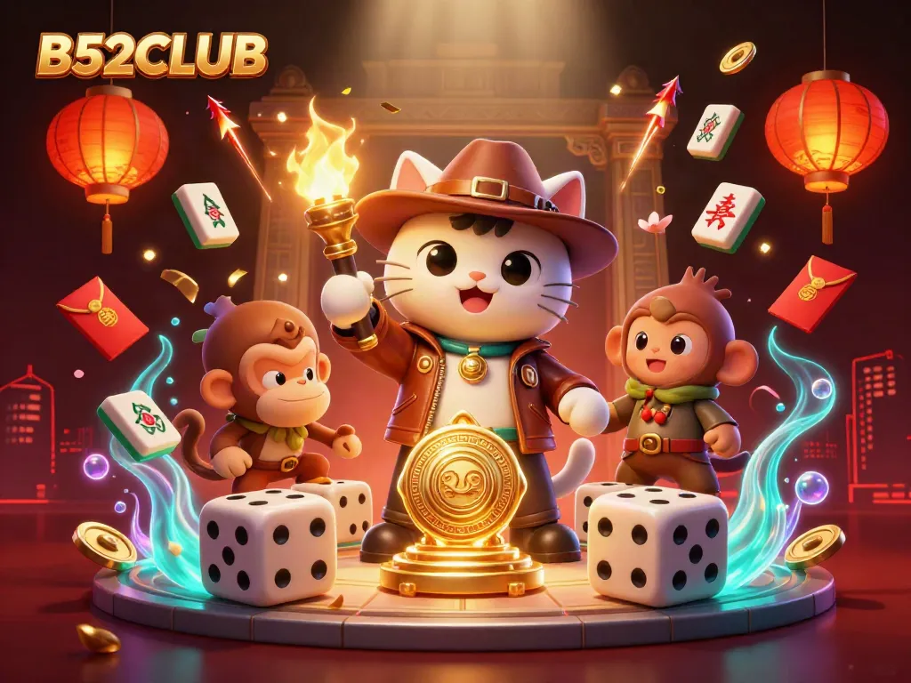 B52CLUB archaeologist cat finds a golden casino artifact in a vibrant, dynamic scene.