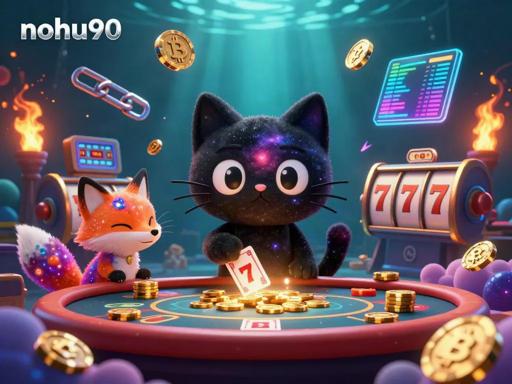 Engaging cosmic casino scene featuring nohu90 with a black hole cat and colorful nebula fox.