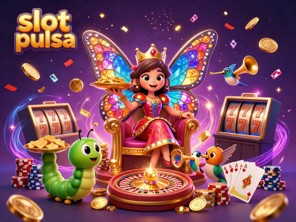 Slot pulsa mengundang keberuntungan dengan ratu kupu-kupu dan simbol permainan yang menggoda.