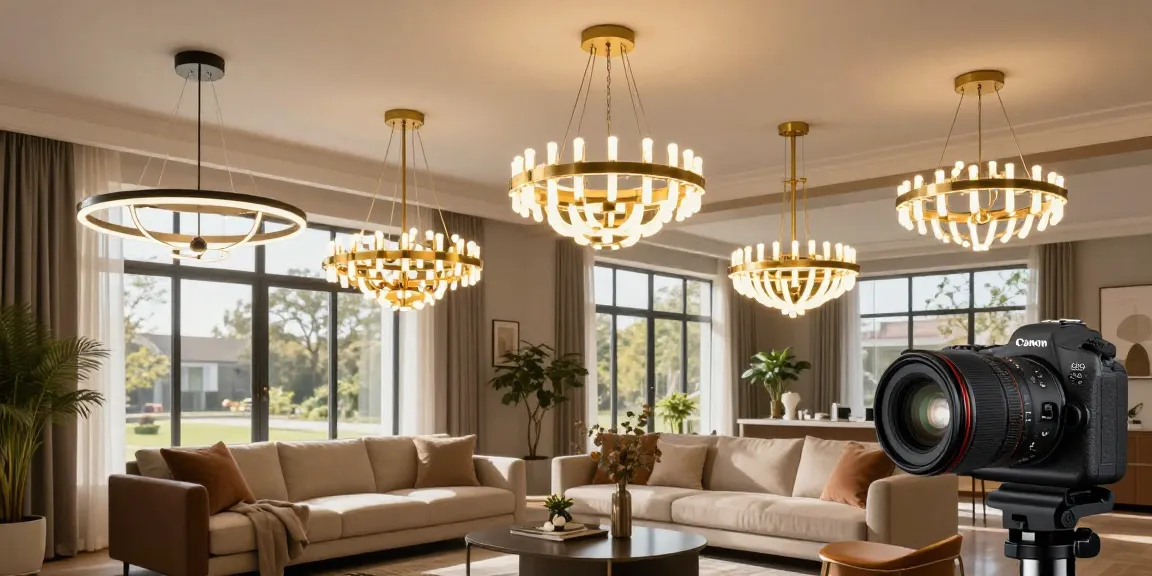 Lustre LED moderne prezentate într-un interior elegant, lumini calde, atmosferă primitoare.