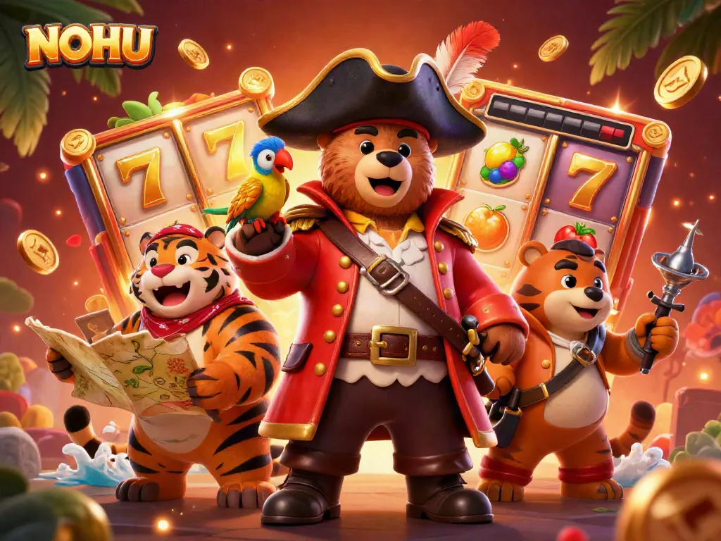 Engage in dynamic jackpot adventures at NOHU with a playful pirate bear and his tiger first mate amidst vibrant gaming elements.