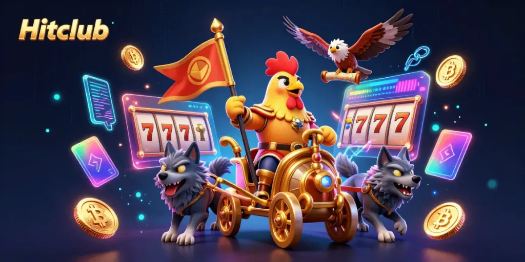 Experience thrilling action at Hitclub with vibrant 3D casino elements including slots, coins, and character illustrations.