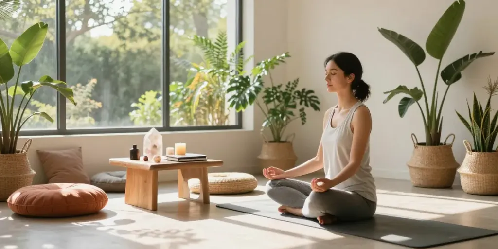 A woman meditating in a serene wellness space, capturing the essence of a sex coach for women focusing on emotional and spiritual well-being.