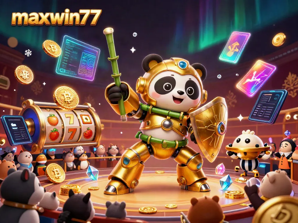 Engage in the exciting maxwin77 casino adventure with a golden panda robot amidst slots and crypto coins.