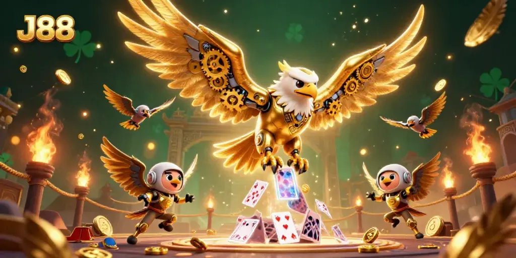 Experience the thrilling dive of J88's cybernetic eagle amidst a swirling cascade of holographic cards while interacting with golden casino elements.