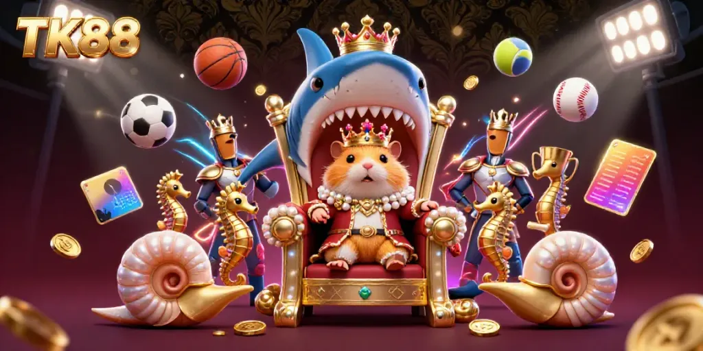 Experience gaming excitement with TK88's 3D illustration showcasing a golden hamster king on a massive shark tooth throne surrounded by dynamic sports elements.