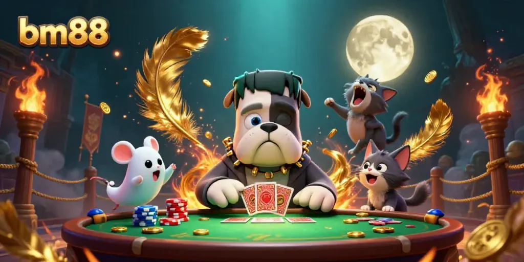Experience thrilling gameplay at bm88 with a monster dealing cards in a vibrant casino atmosphere.