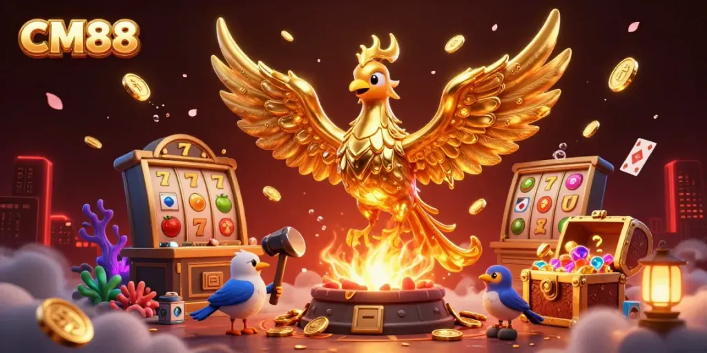 Experience thrilling wins at CM88 with a phoenix emerging and slot reels in a vibrant casino scene.