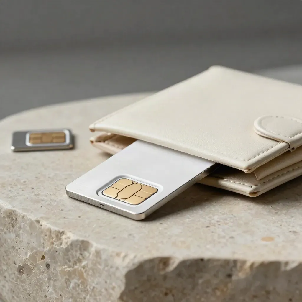 SIM carrier, nano-SIM tray and travel wallet on pale limestone in a quiet editorial close-up