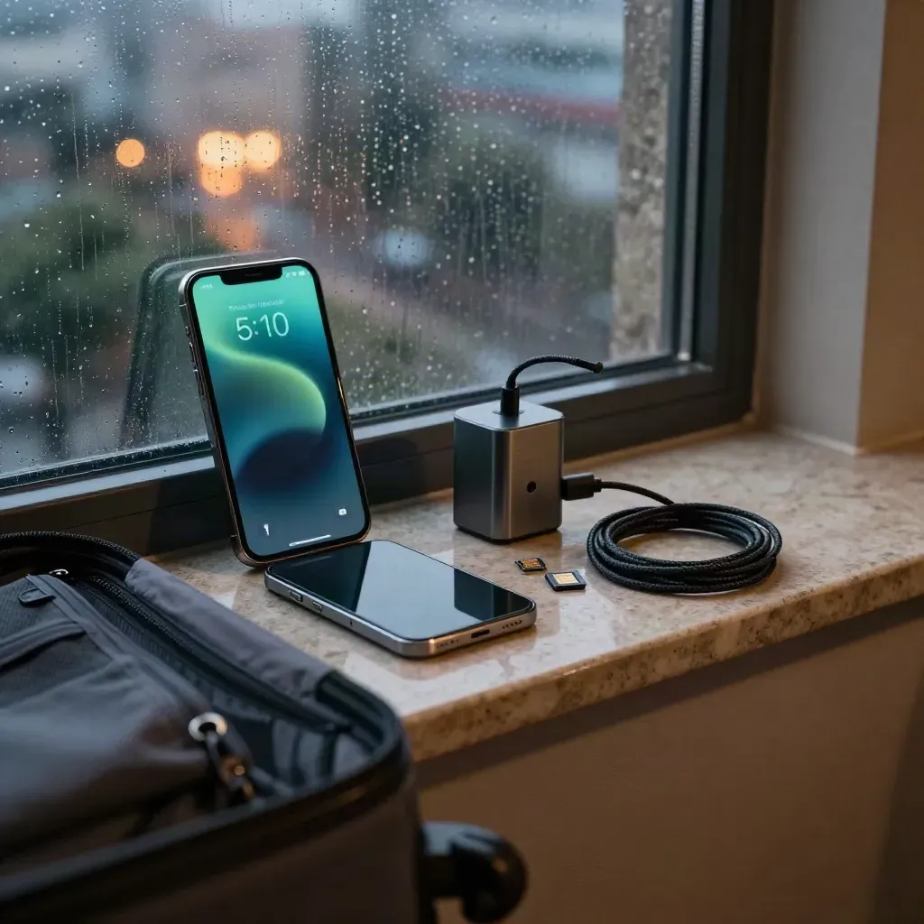 Rain-streaked hotel window with travel SIM kit and glowing roaming phone by an open carry-on