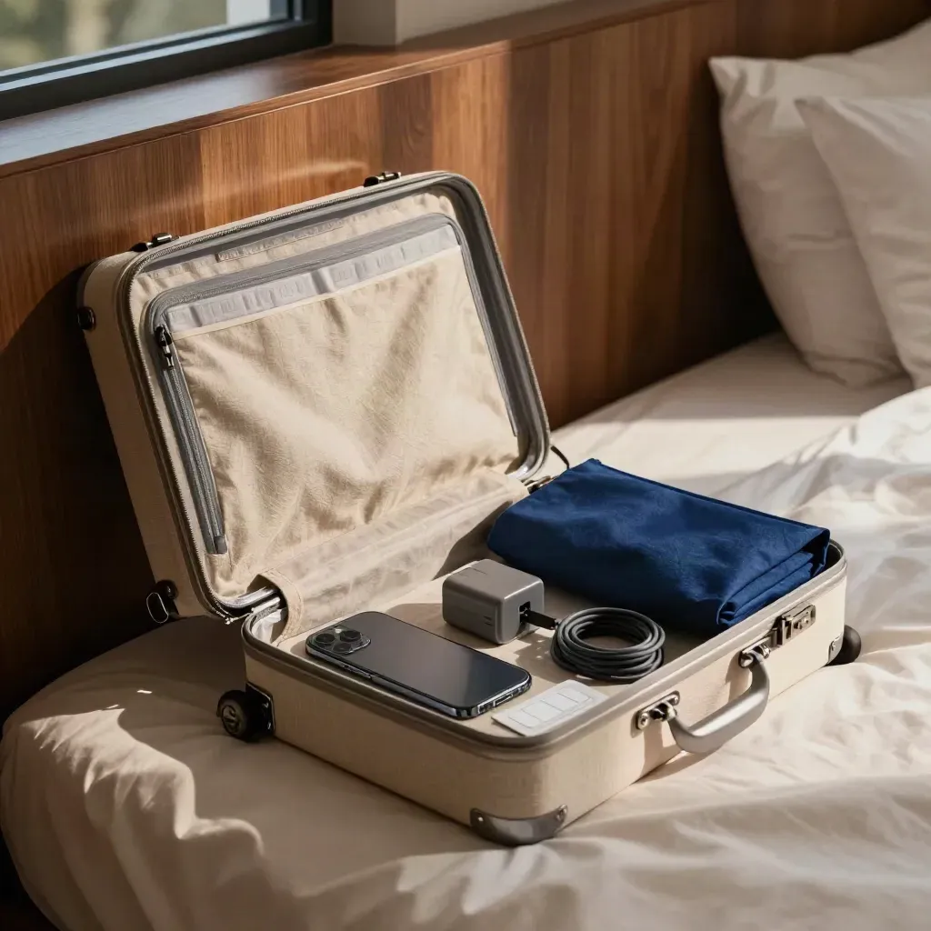 Open carry-on with roaming kit on a boutique hotel bed, lit by warm window light.