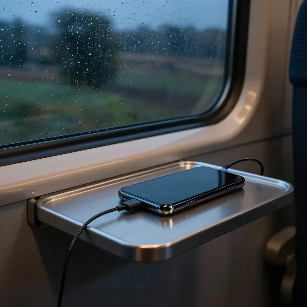 Phone, power bank, and cable ride a train tray beside a rain-speckled window at dusk.
