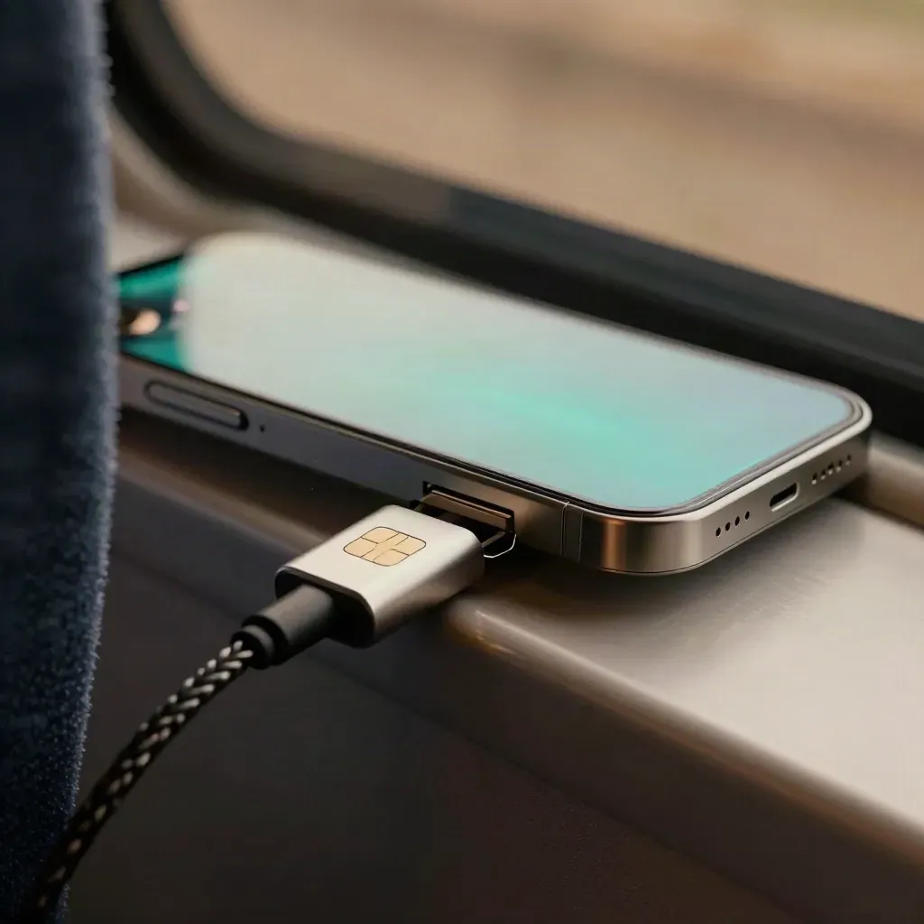 Smartphone, SIM pin and charger by an airport window seat, with a soft teal glow.