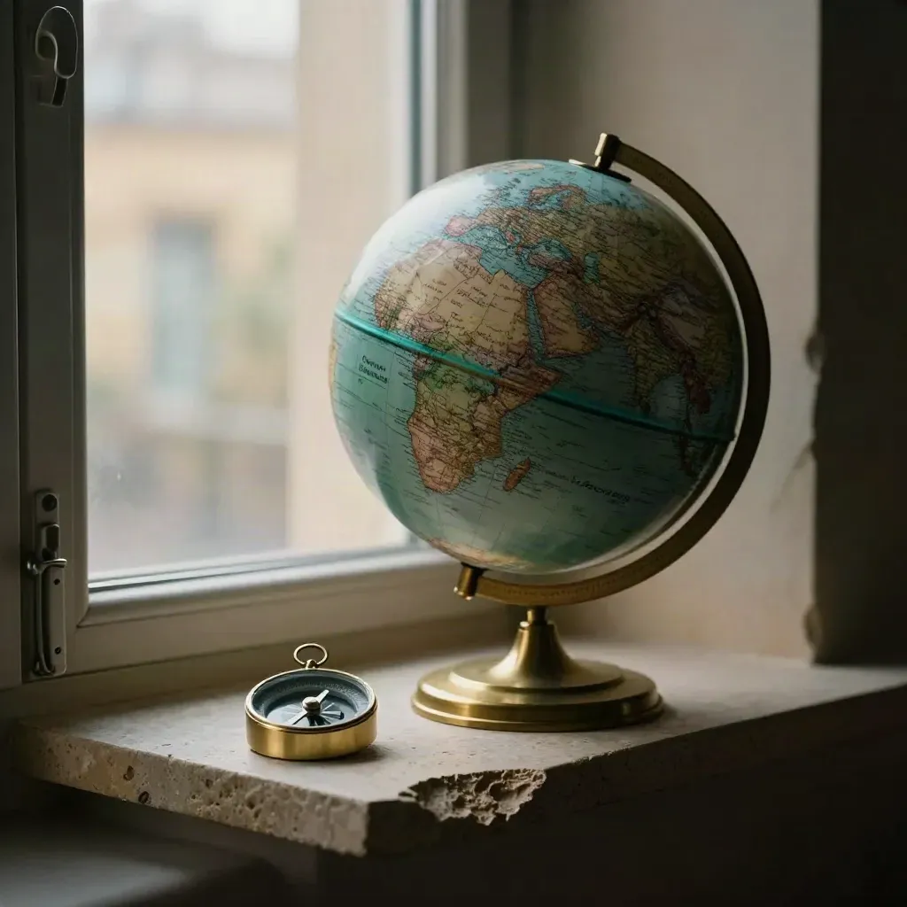 Matte globe and brass compass with translucent teal route bands on a stone shelf in warm haze.