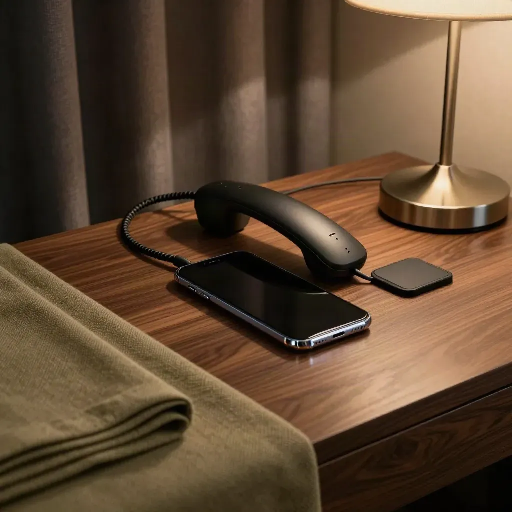 Smartphone, dock, and charger on a dark hotel desk with a faint glow