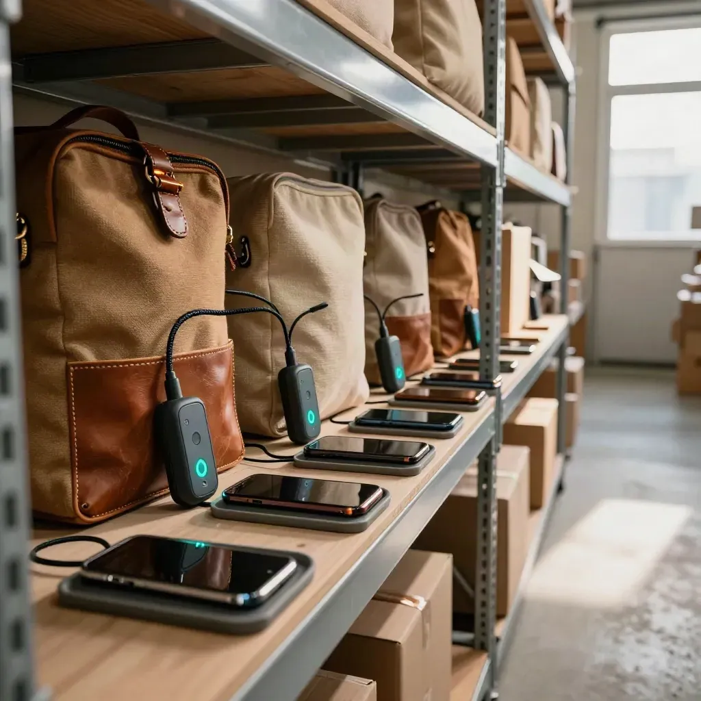 Warehouse shelf of travel kits, charging hubs, and ready phones in warm afternoon light