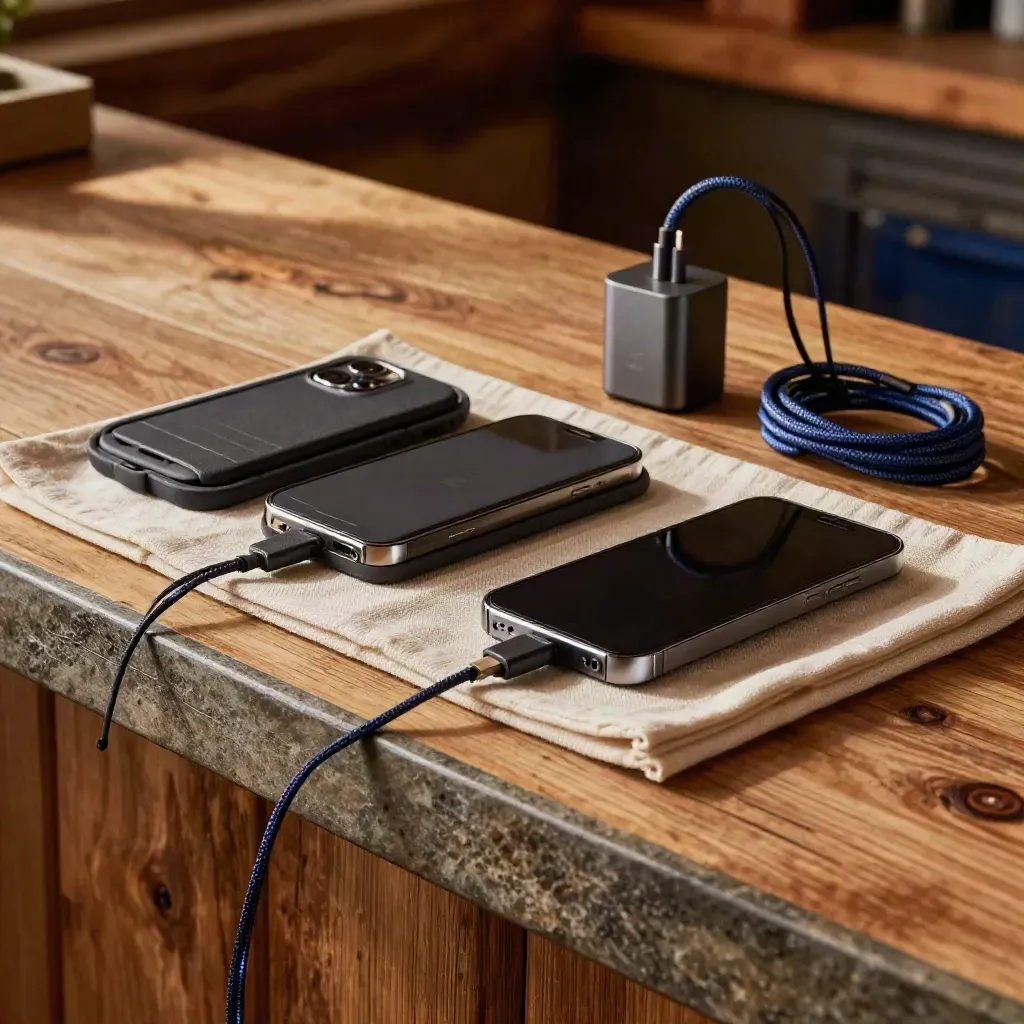 Travel phones, SIM sleeves, power bricks, and cables mid-settle on a lodge counter.