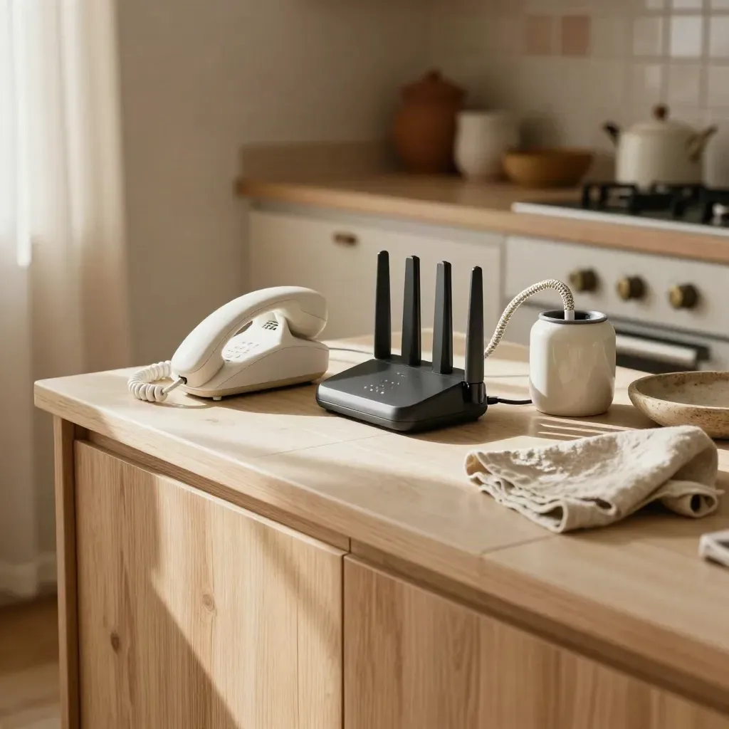 UK handset, router and charging dock on a sunlit Spanish kitchen sideboard