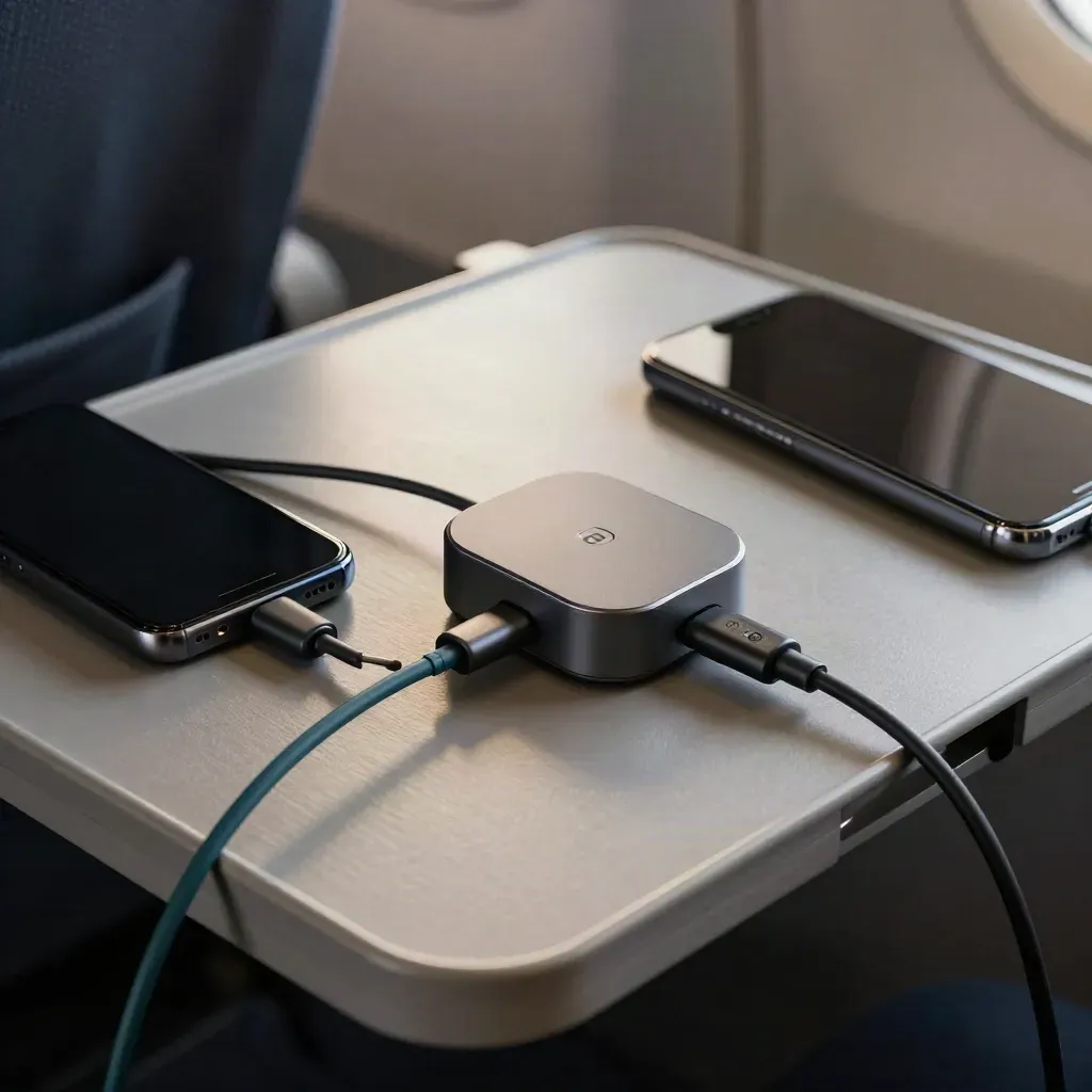 Top-down airplane tray setup with two phones, a shared hotspot and charging cables