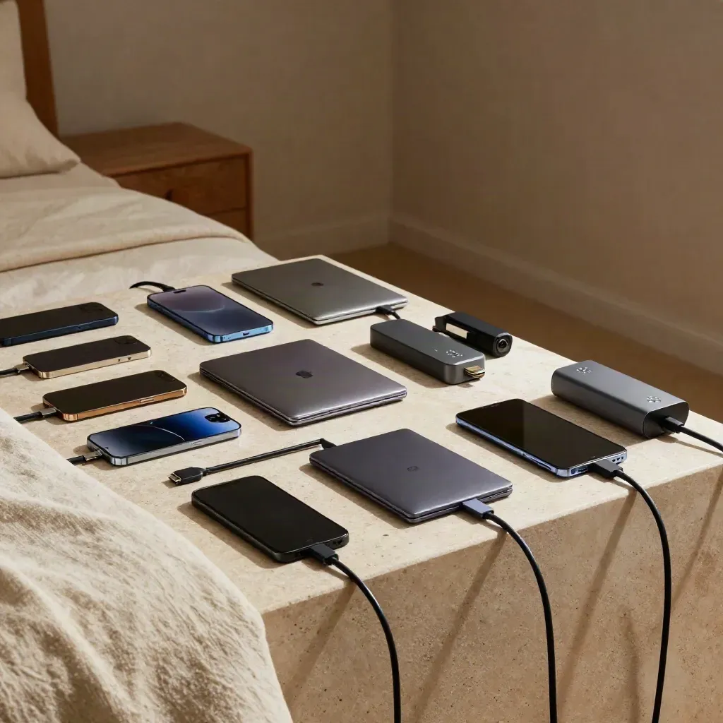 Phones and laptops charging from a compact hub in a dark serviced apartment, cinematic and calm.