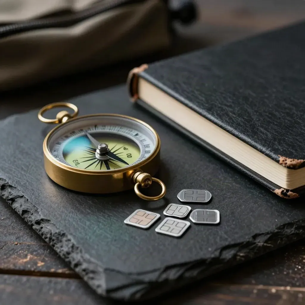 Brass compass, three nano-SIMs, and a closed route notebook on dark slate.