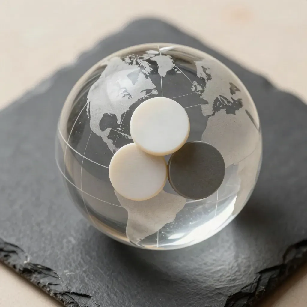 Macro still life of an acrylic globe, compass disc and destination chips on slate.