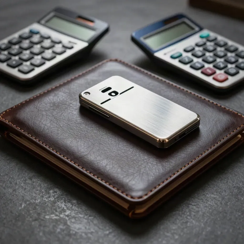 Leather folio, card reader, and calculator on a dark desk with a faint blue glow