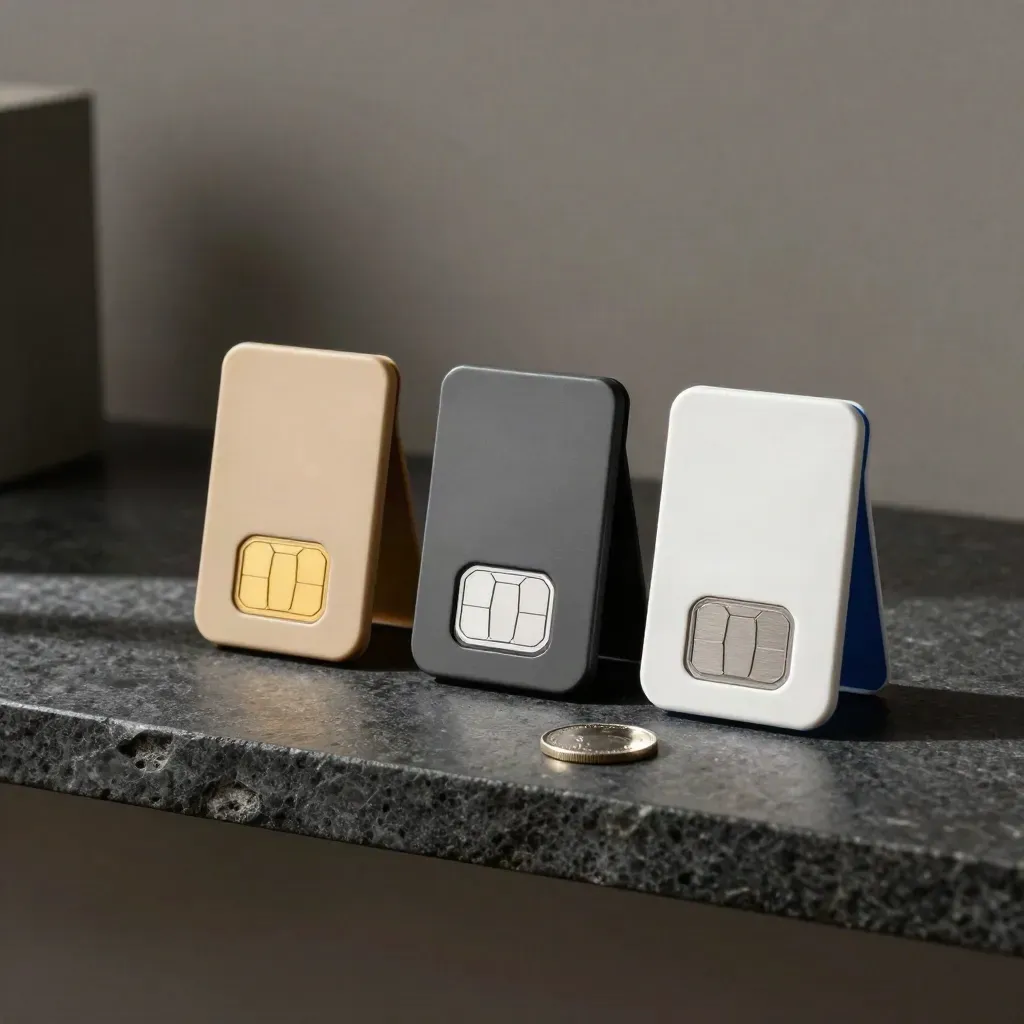 Three SIM sleeves, a destination token and a metal coin on dark stone with soft side light.