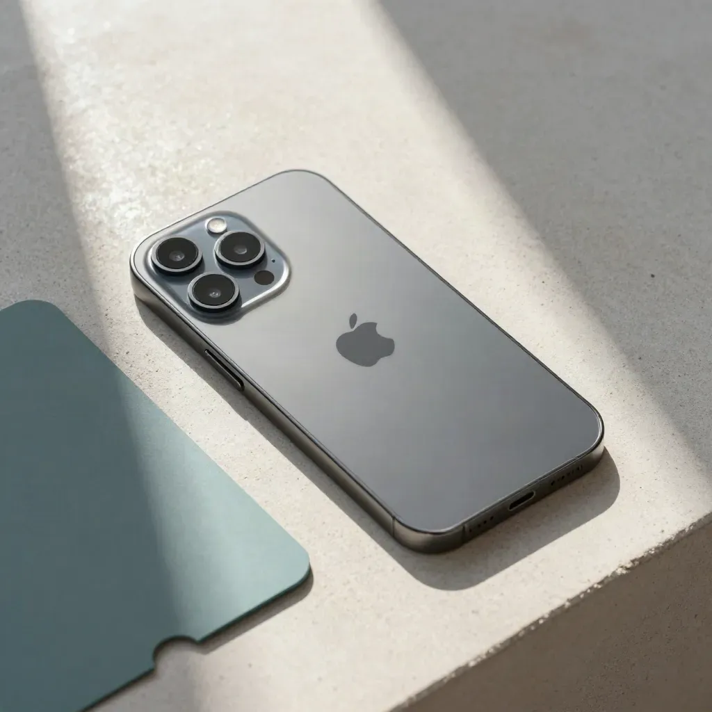 Overhead flatlay of a smartphone, SIM pin and activation sleeve on pale concrete.