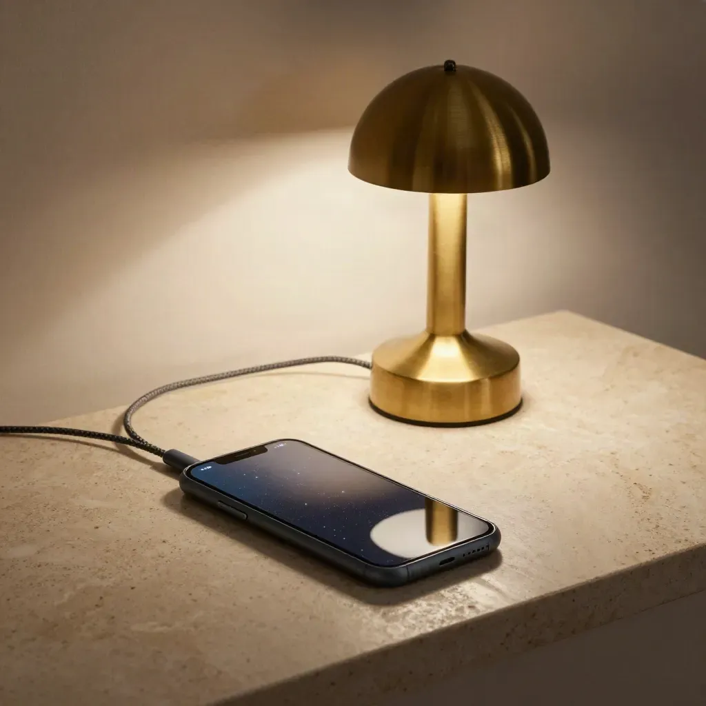 Glowing smartphone, braided cable, and hotel lamp on stone after landing