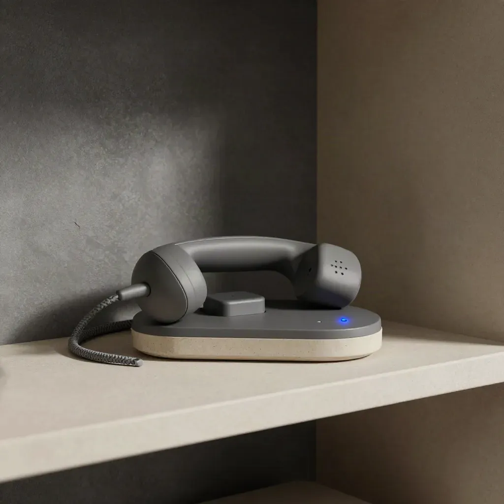 Handset dock, charging cradle, and coiled cable on a plaster shelf with a blue status glow
