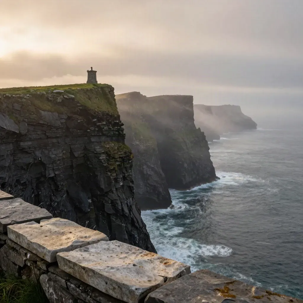 Cliffs of Moher at dawn, mist, Atlantic spray and a lone stone watchtower above calm haze.
