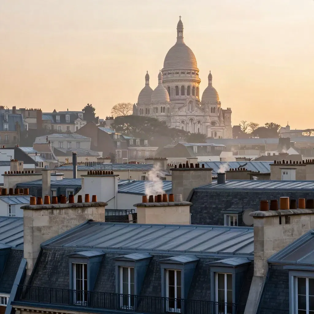 Paris rooftops at sunrise with Sacré-Cœur above hazy stone chimneys