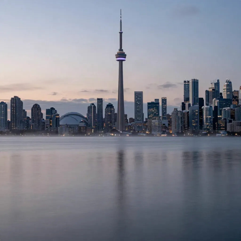 Toronto skyline across Lake Ontario at blue hour with calm water and mist