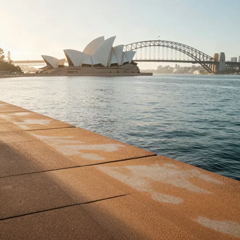 Sydney Harbour with Opera House and bridge above calm sandstone and mist