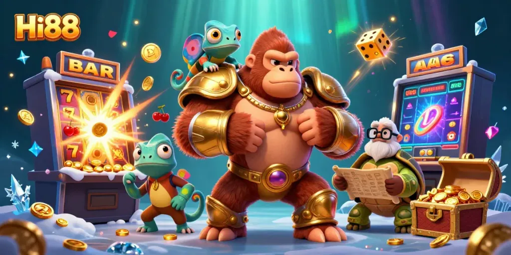 Engage with Hi88's dynamic casino experience, featuring a gorilla king and treasures.