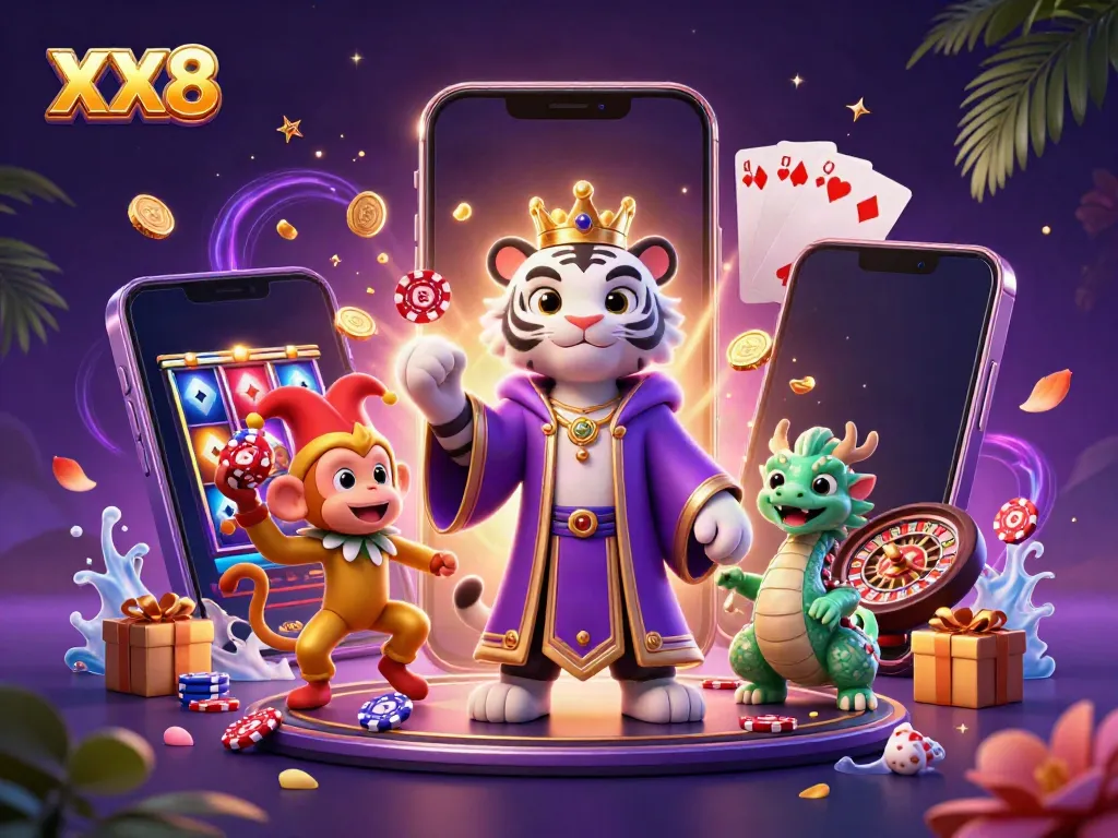 Engage with the excitement of XX8, where a vibrant cartoon tiger, monkey, and dragon bring a lively casino experience to life.